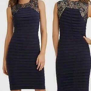 Adrianna Papell Dress Womens 8 Navy Blue Lace Sheath Shutter Pleated Cocktail